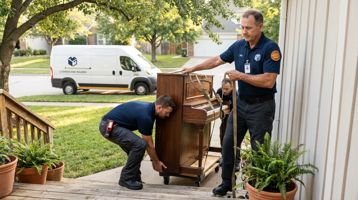 Licensed piano movers securing grand piano in Bridgeport, NE