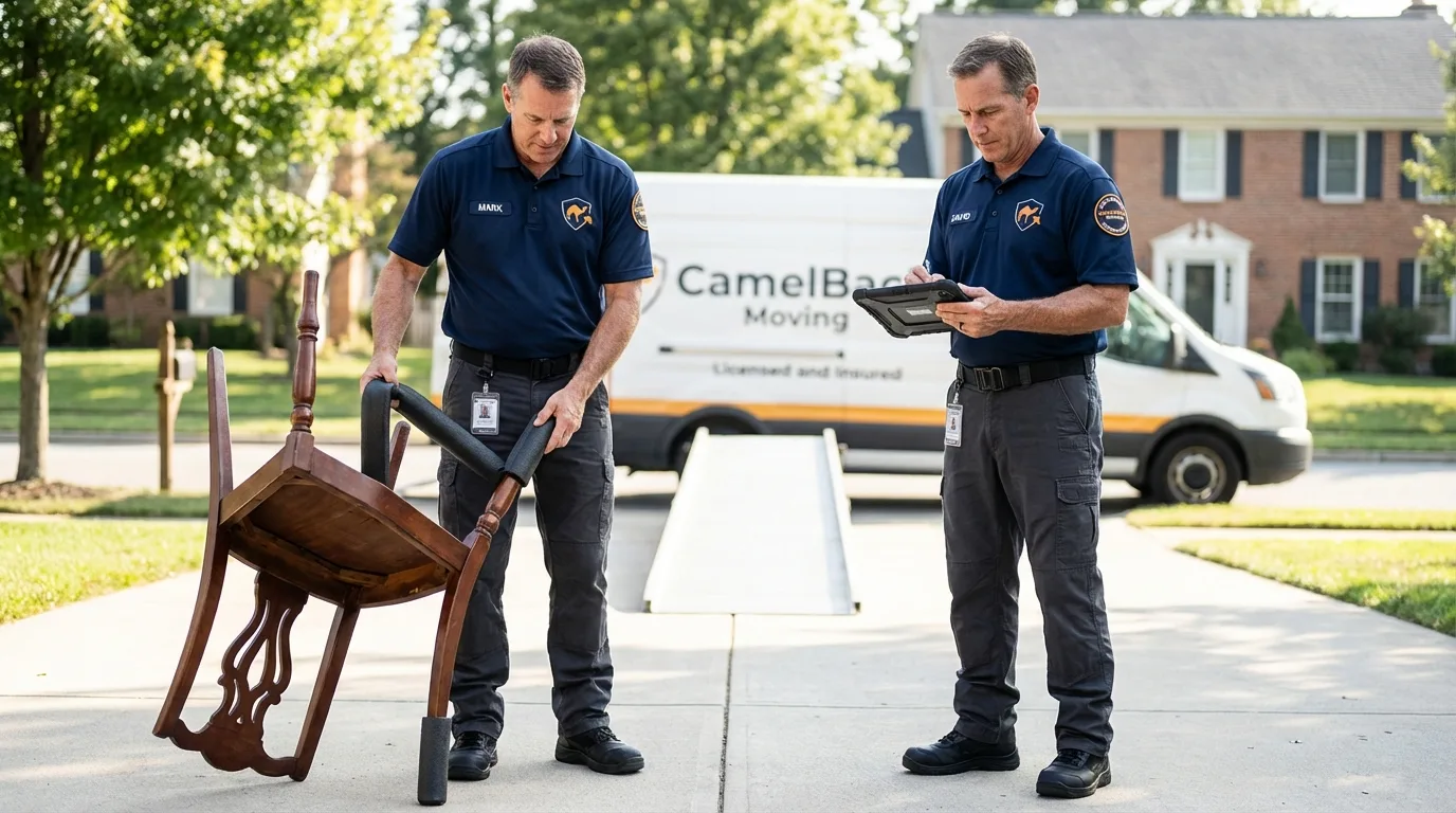 Movers inspecting furniture for damage prevention before loading in Bridgeport, NE